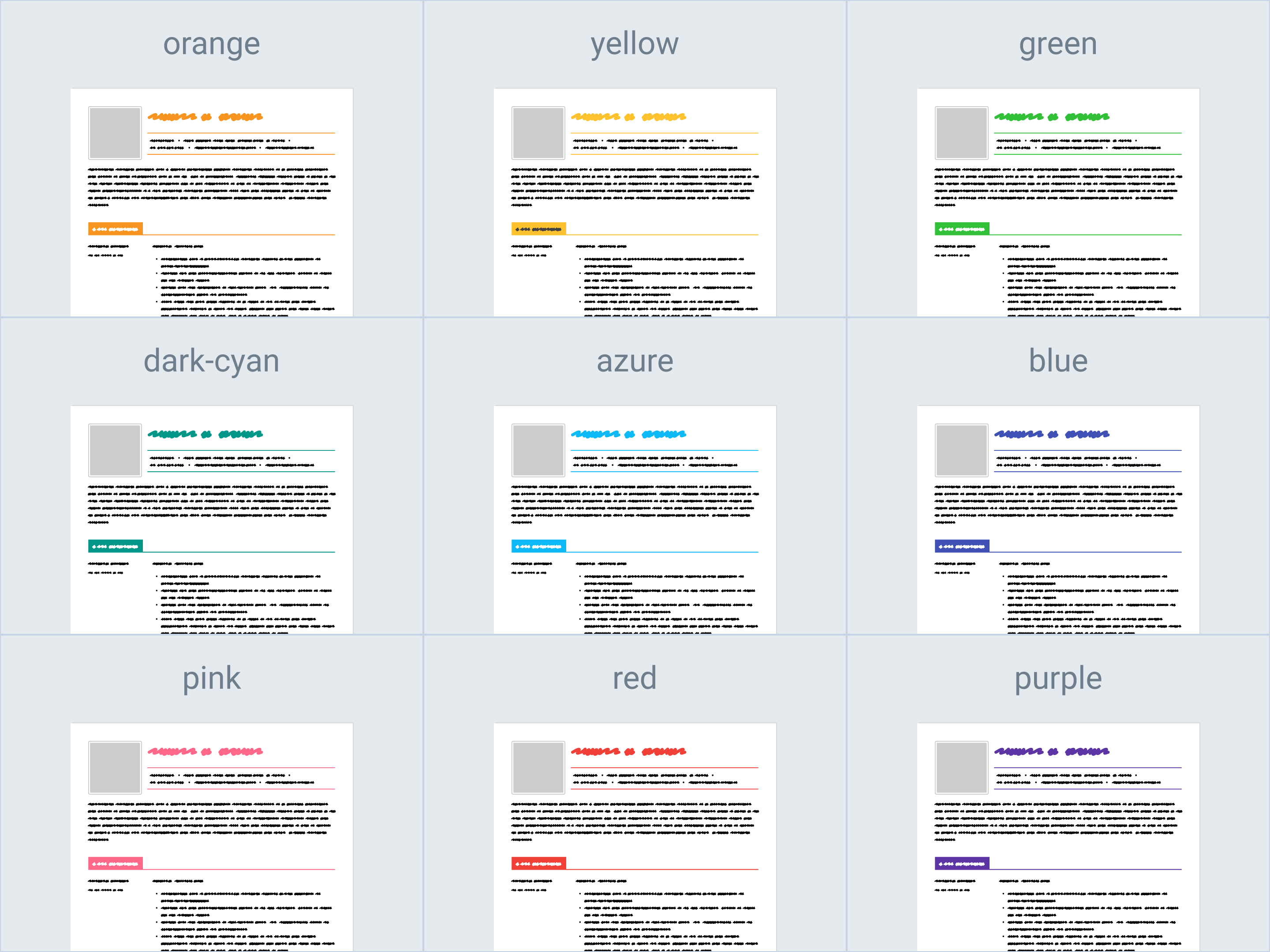 Themes: orange / yellow / green / dark-cyan / azure / blue / pink / red / purple