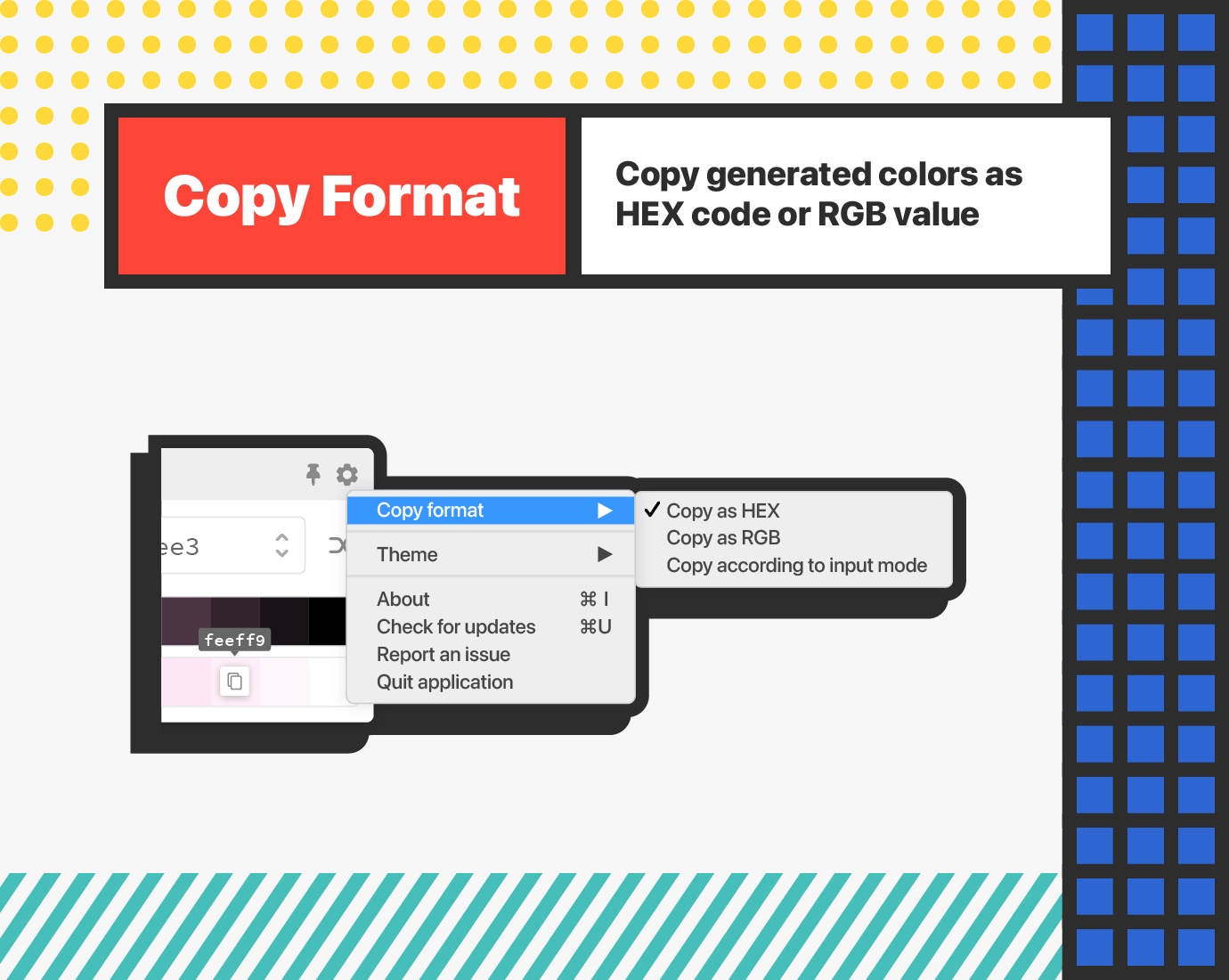 Copy format - Copy generated colors as HEX code or RGB value