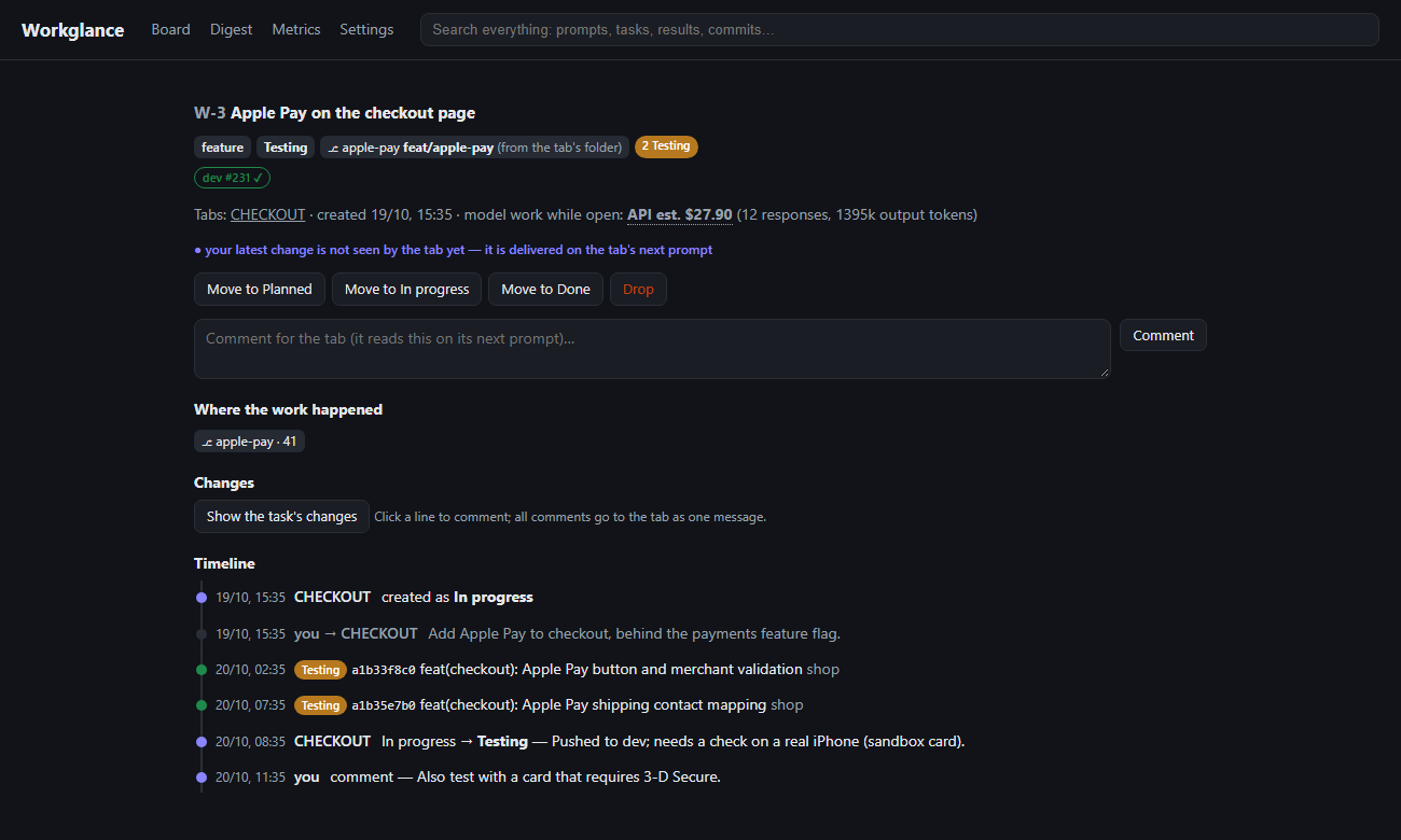 A card: its tabs, CI, your comment waiting for the tab, and the timeline of events and commits
