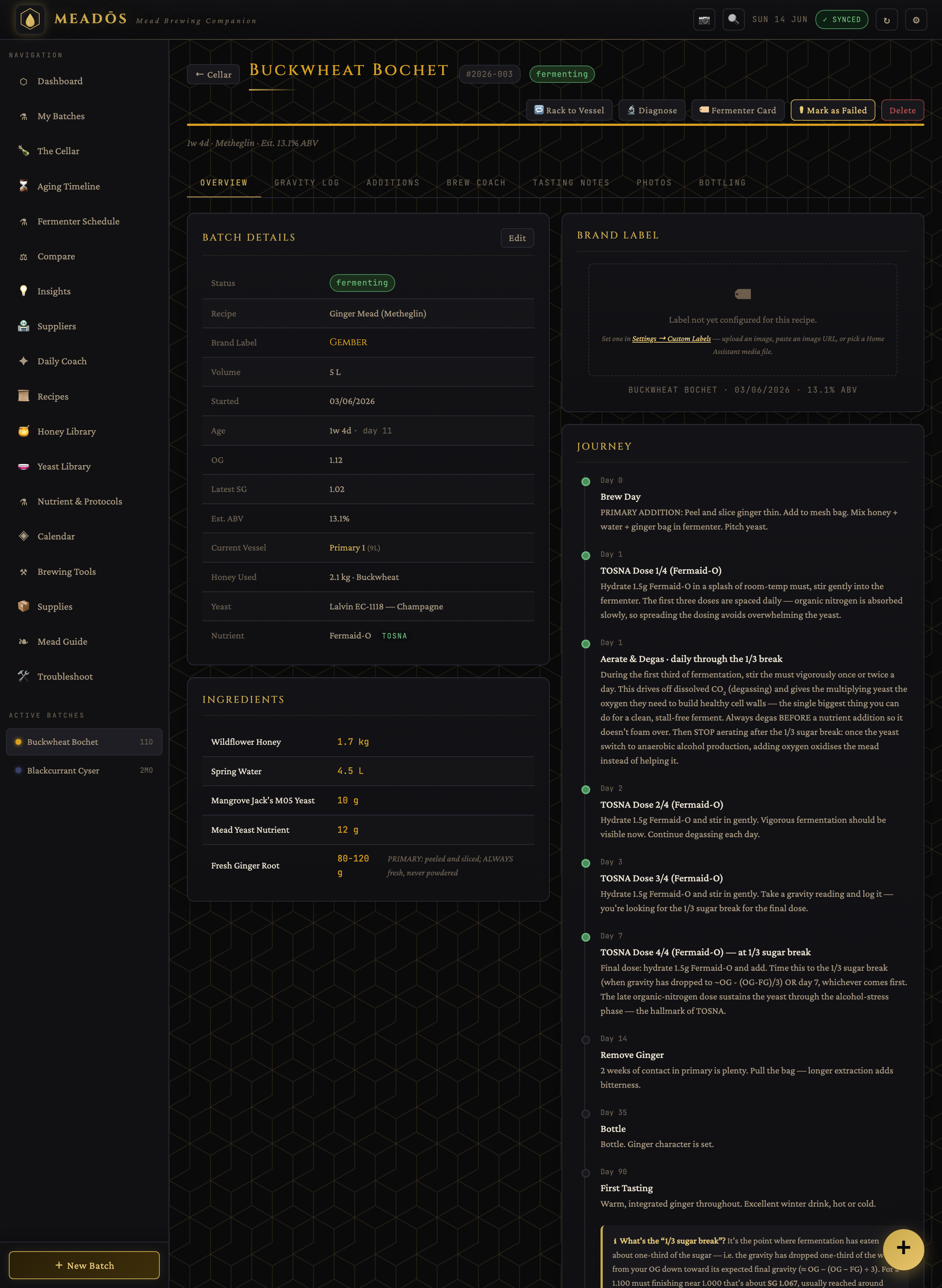 A batch detail page with its gravity and ABV history