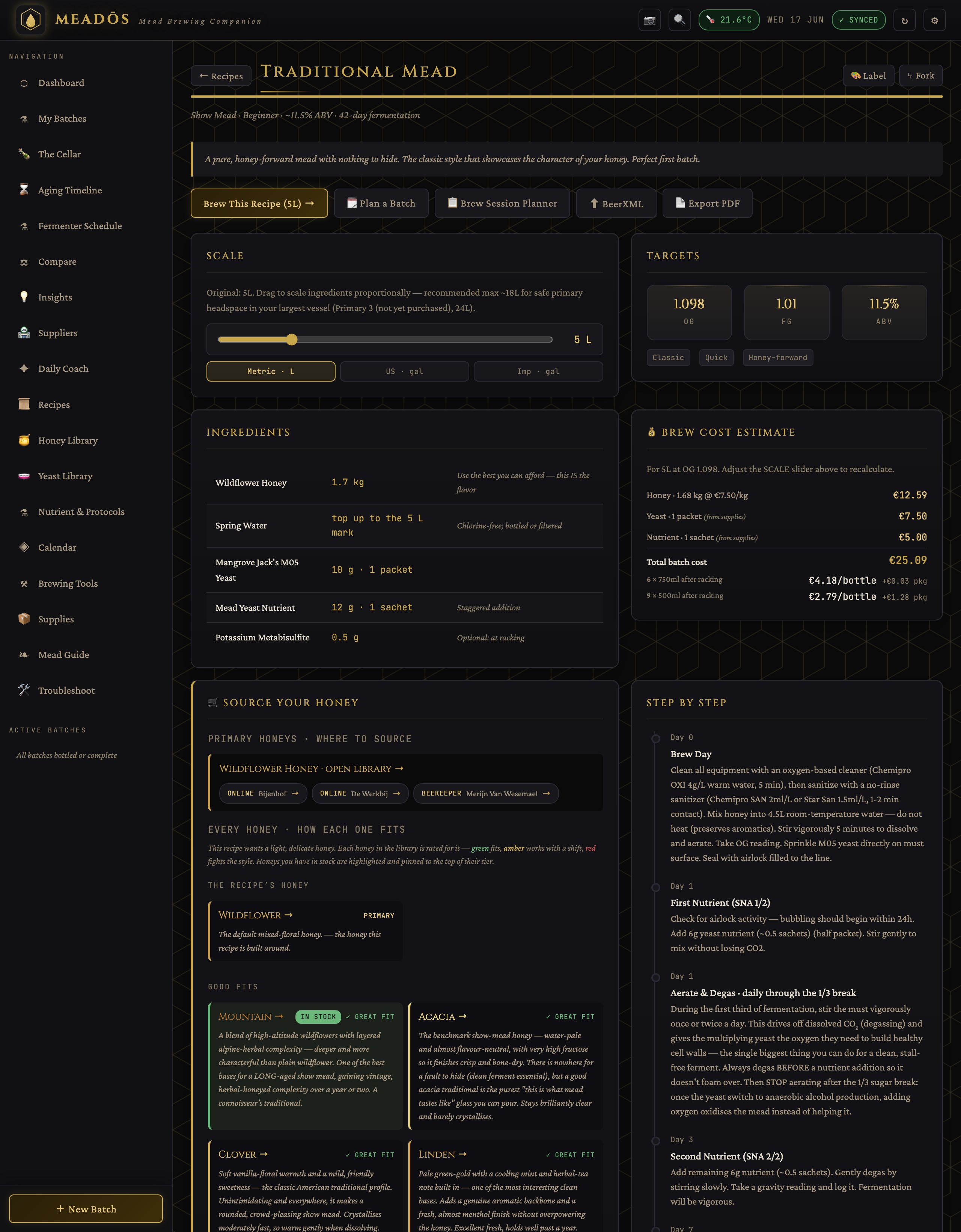 A recipe page — scale, honey ratings, yeast, nutrients and the step schedule