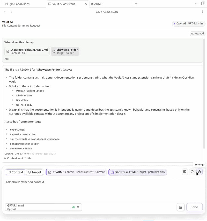 Vault AI Assistant running in the Obsidian sidebar