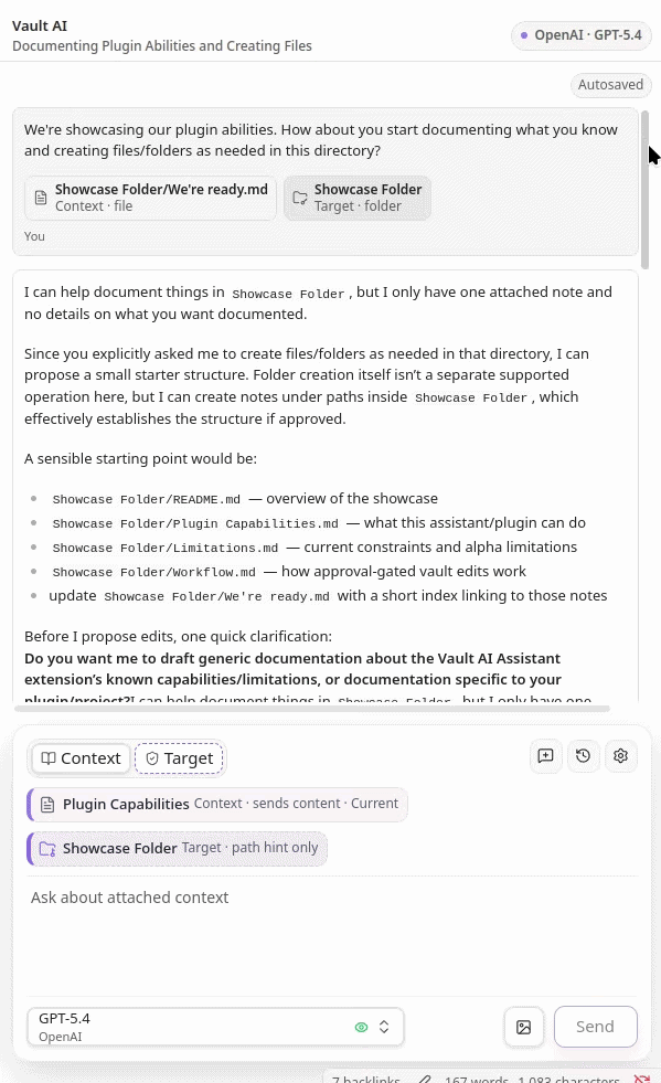 Vault AI Assistant running in an Obsidian editor tab