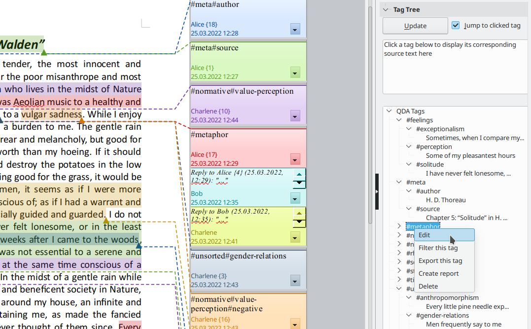 Screenshot of the extension; shows LibreOffice comments and a tree view