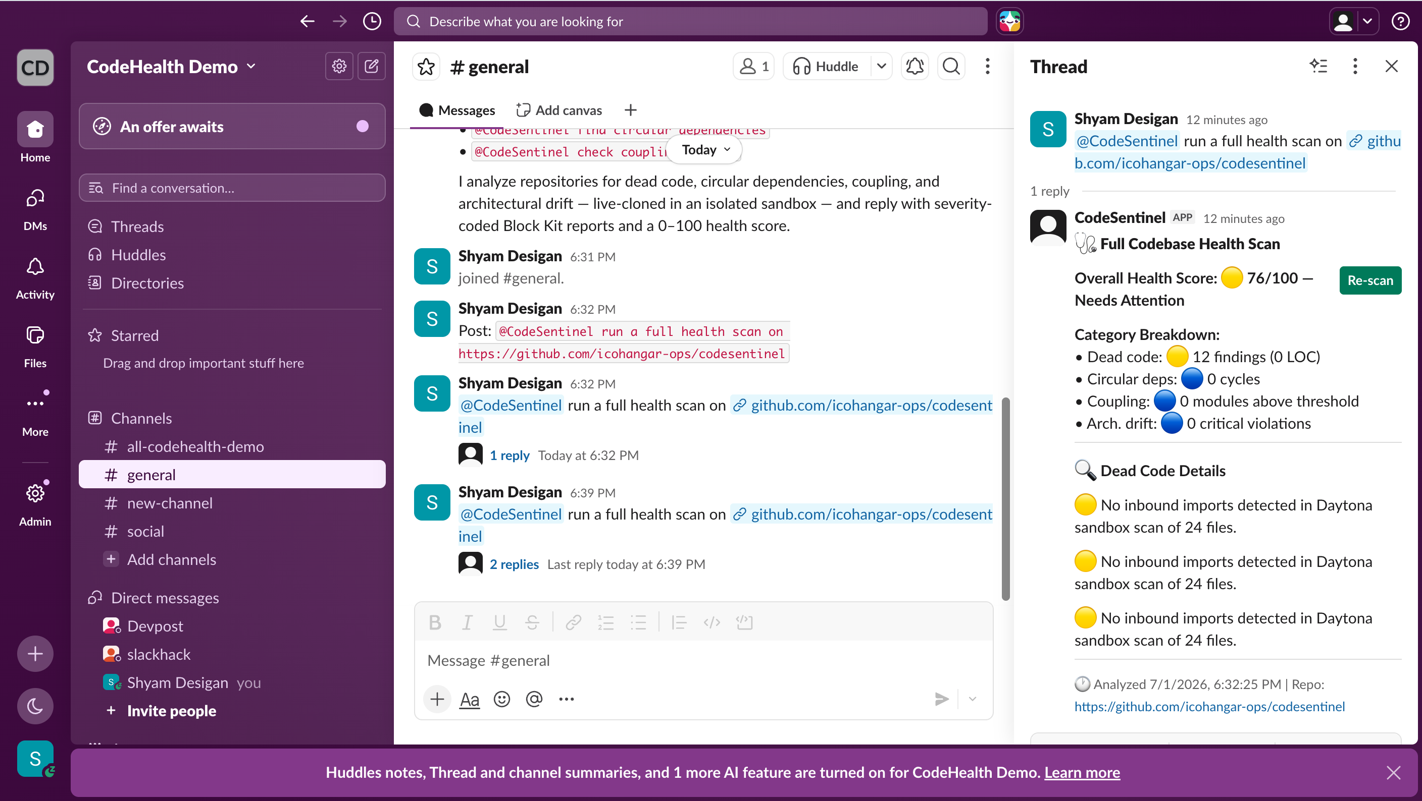 CodeSentinel responding in #general