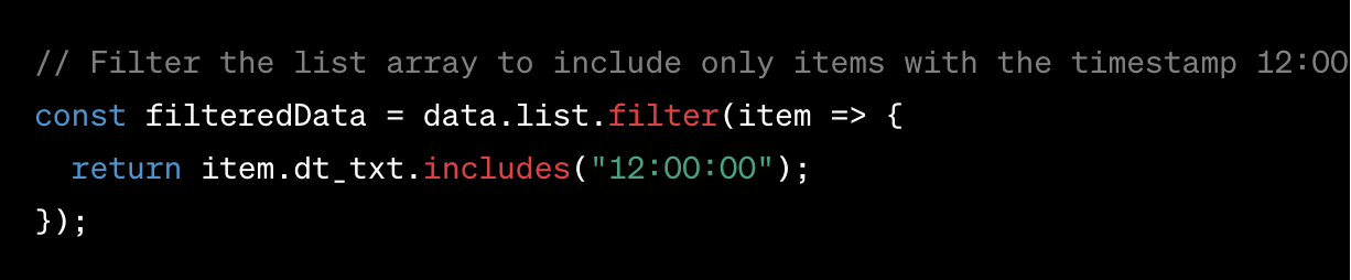 Answer from ChatGPT with the code that combines .filter and .includes to create a new array with the data that has the midday stamp