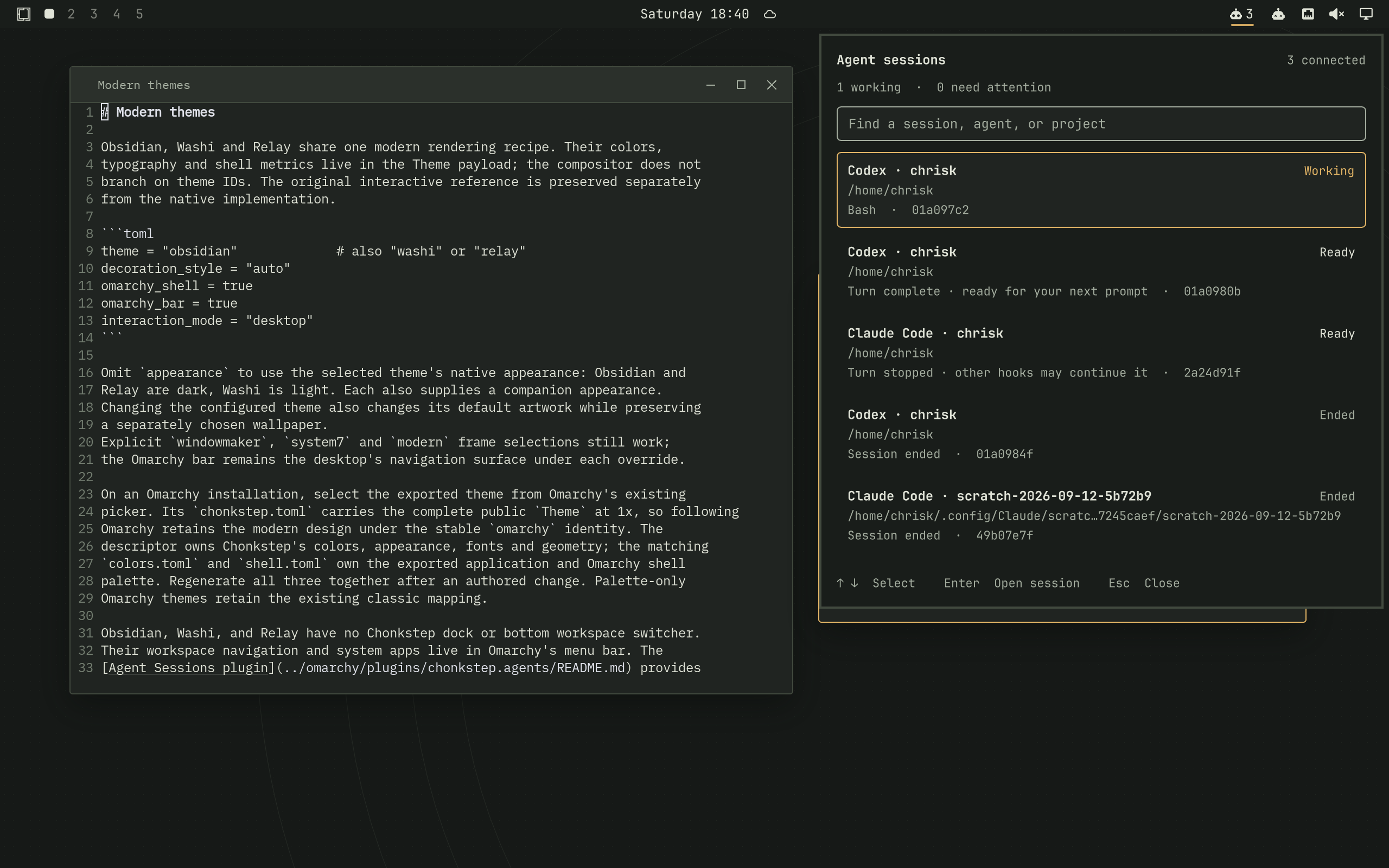 The Agent Sessions plugin displaying connected sessions in Omarchy's menu bar
