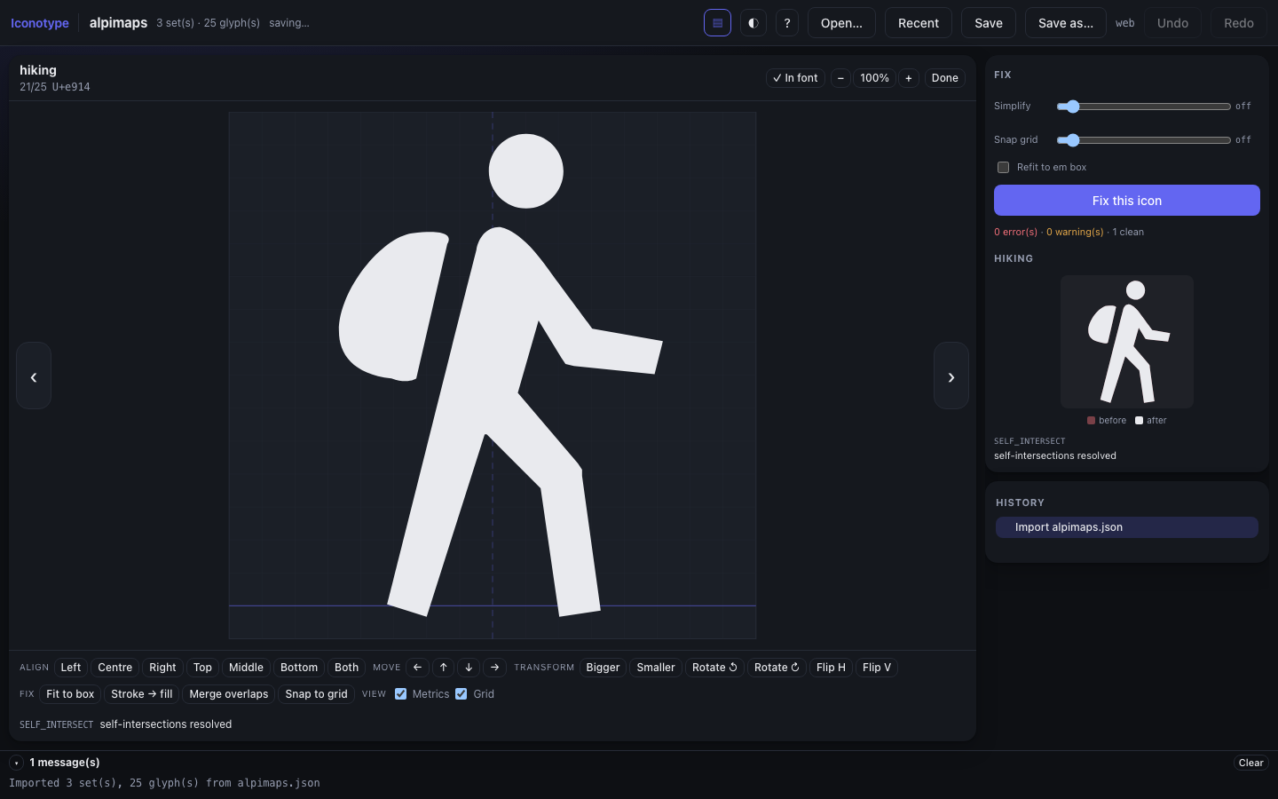 The icon grid and the glyph editor