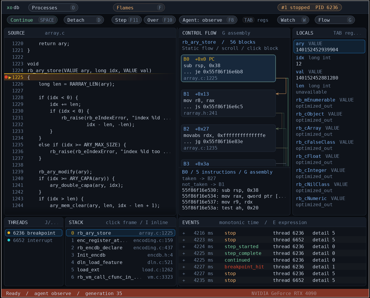 xodb stopped at rb_ary_store in CRuby, with the control-flow graph, stack, locals and event timeline