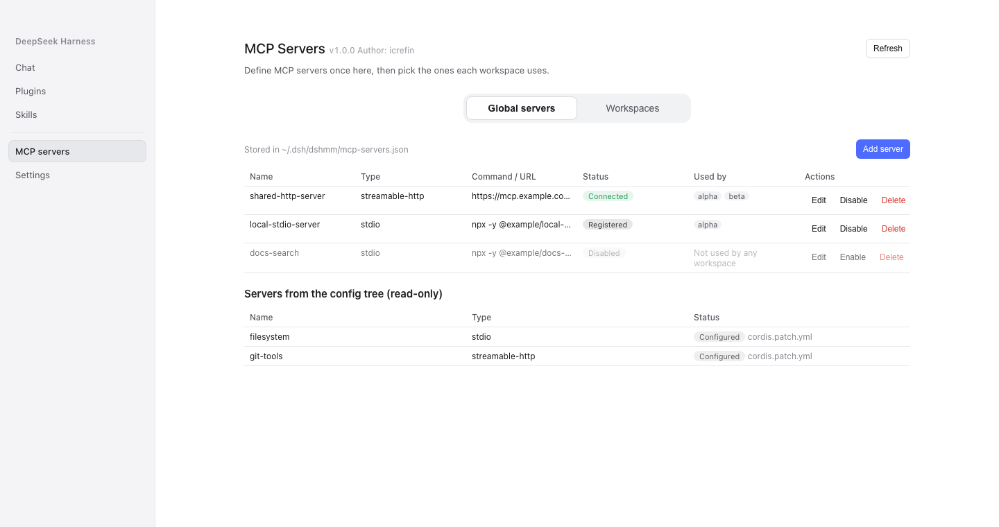 The MCP Servers panel: the global server registry