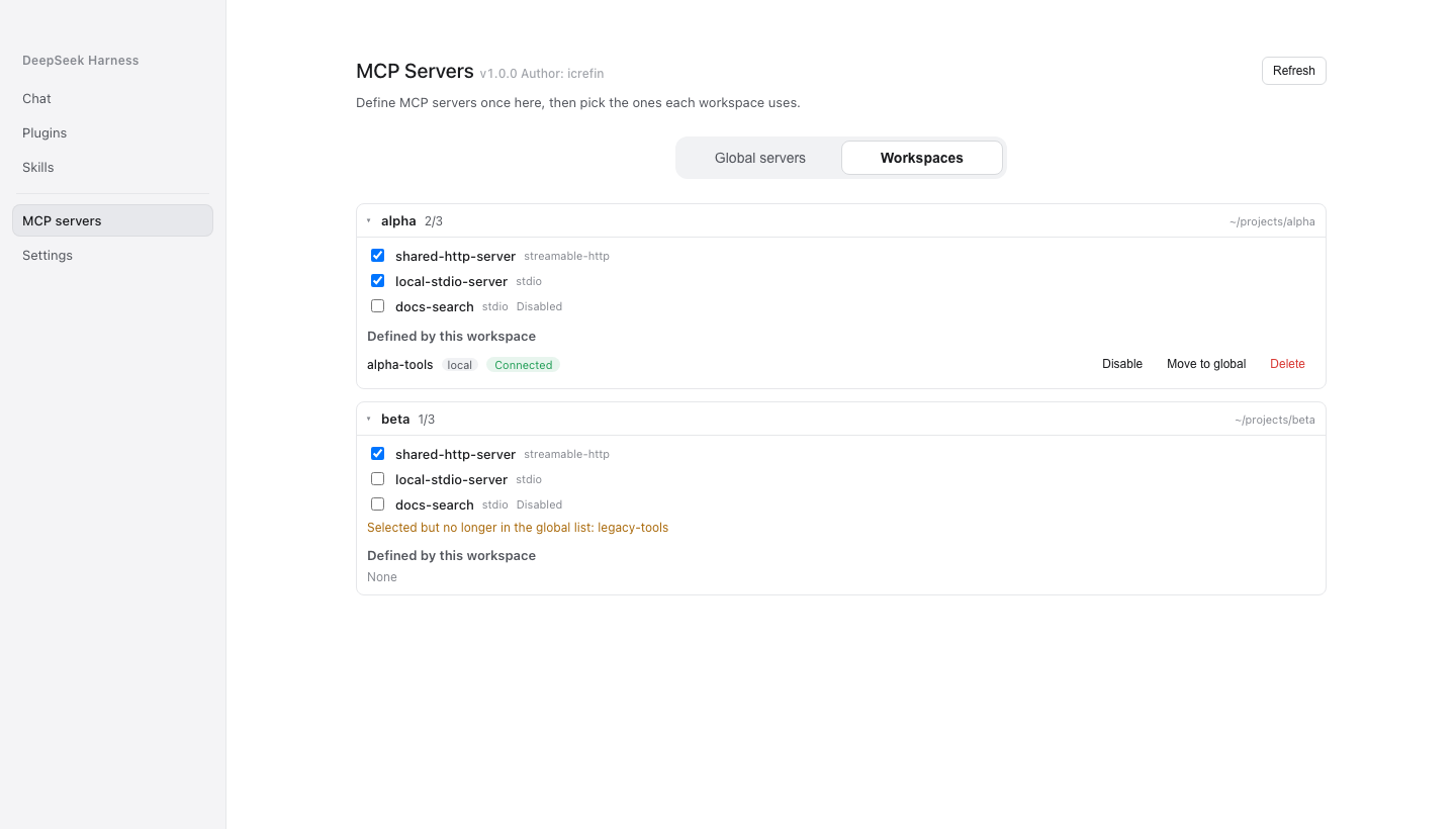 The Workspaces tab: per-workspace server selection