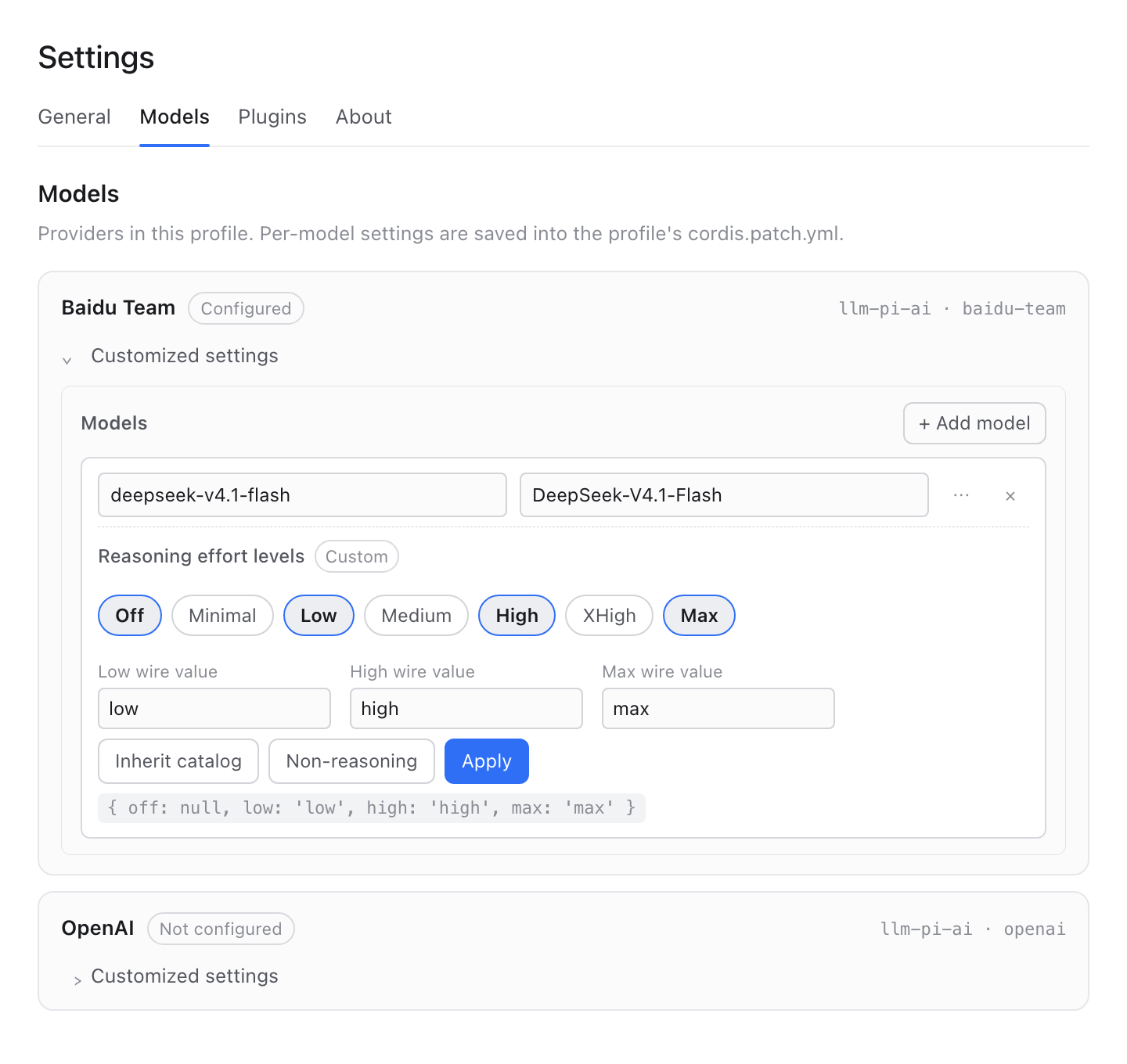 The Reasoning effort levels control appended inside a model entry on the Settings → Models page