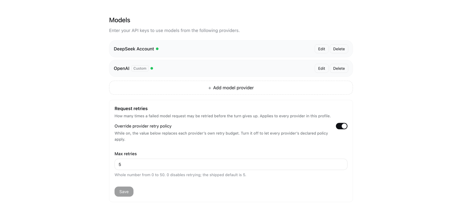 The Settings → Model page: two provider rows, the add-provider control, and the plugin's Request retries card below them