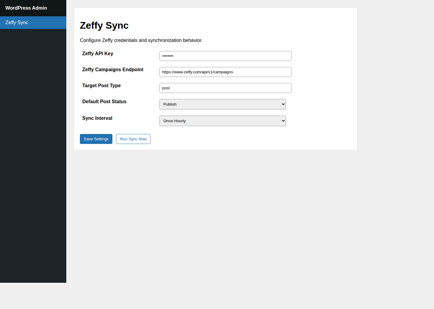 Zeffy Sync settings UI