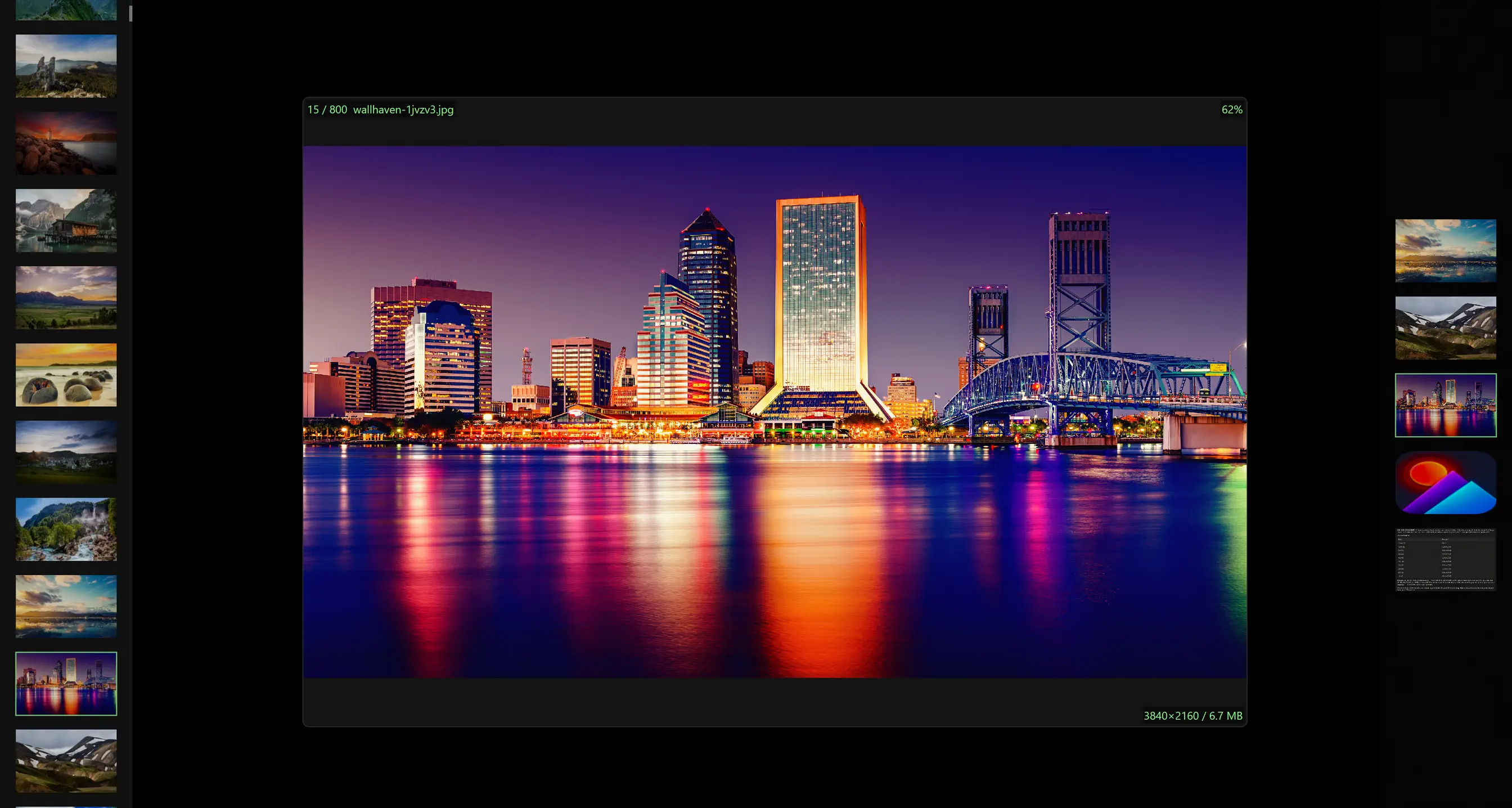 Main interface with thumbnail strips and info overlays