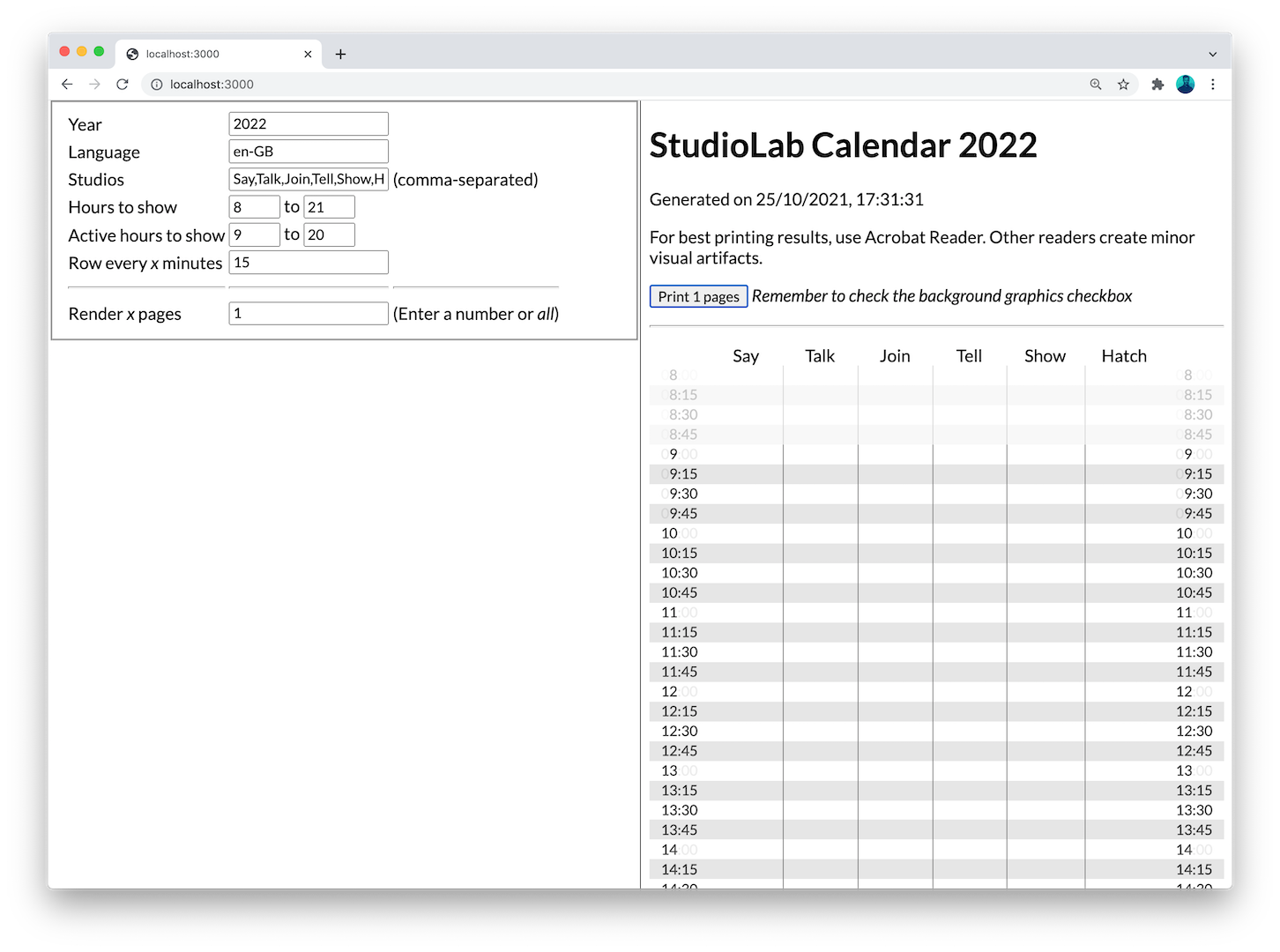 Example of the calendar generator interface