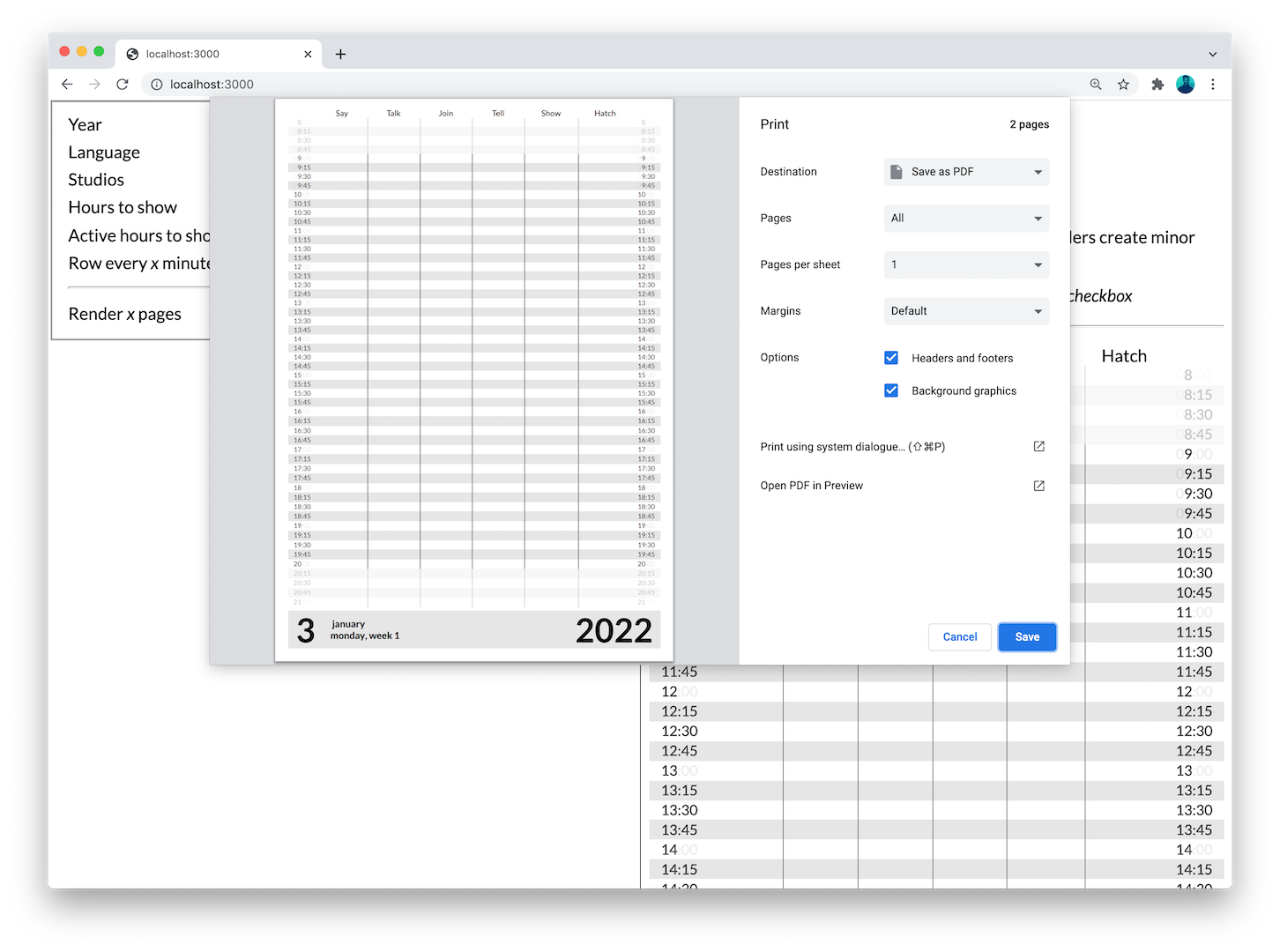 Example of the calendar generator print interface