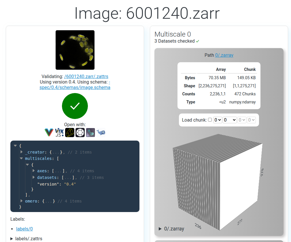 The OME-NGFF validator checks the OME-ZARR structure.