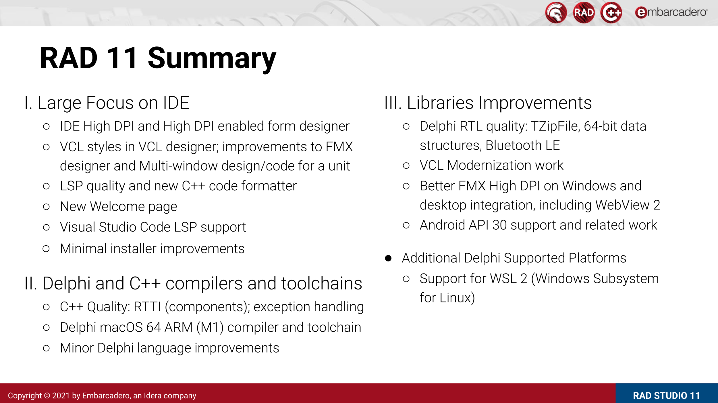 RAD Studio 11 Alexandria change summary