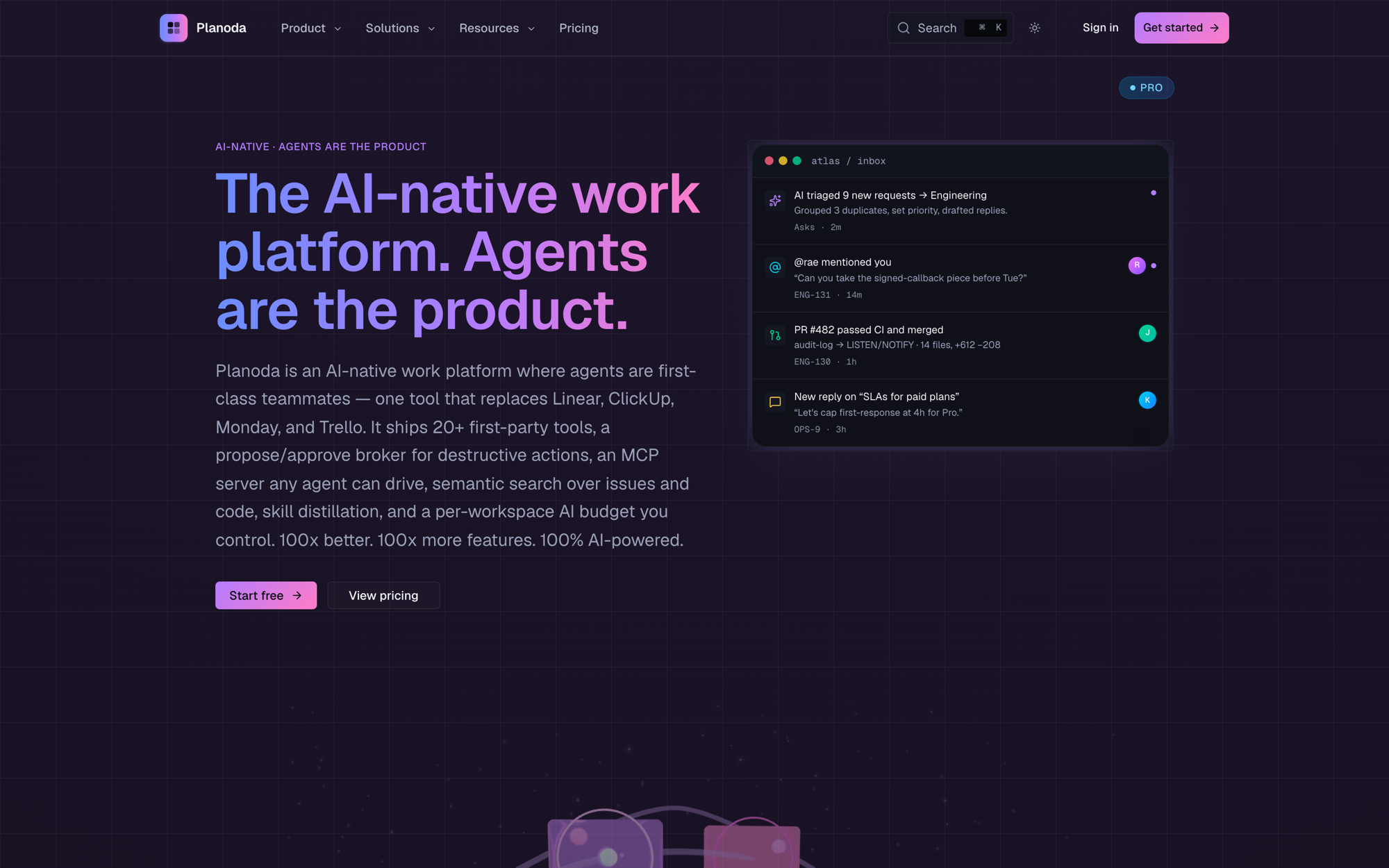 Planoda agents — AI-native work platform where agents are first-class teammates