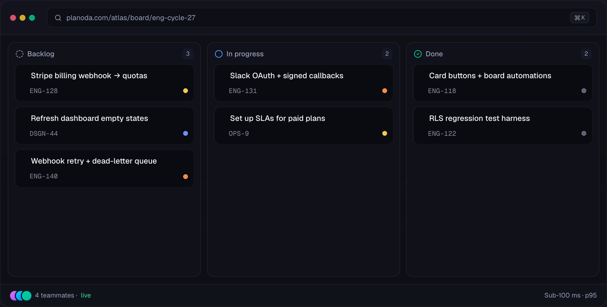 Planoda board — kanban and issue tracker on one shared schema