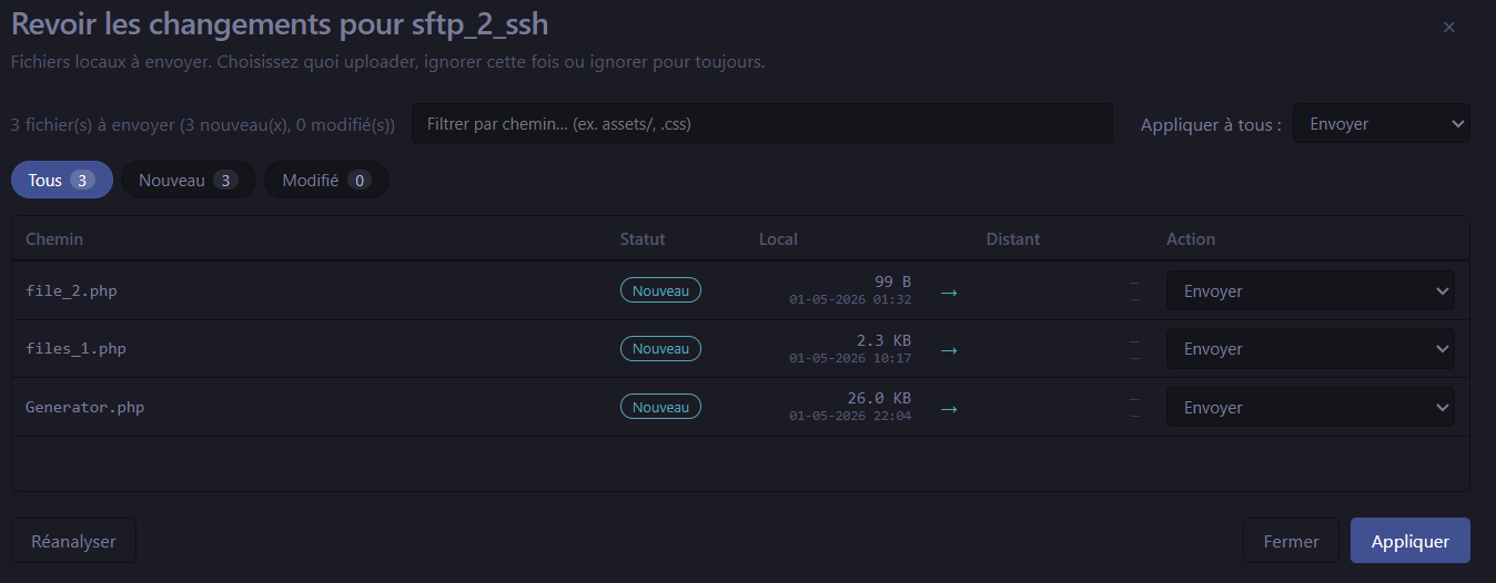 Review & push panel: sortable table, status filter pills, sender/receiver columns with green/red direction arrows