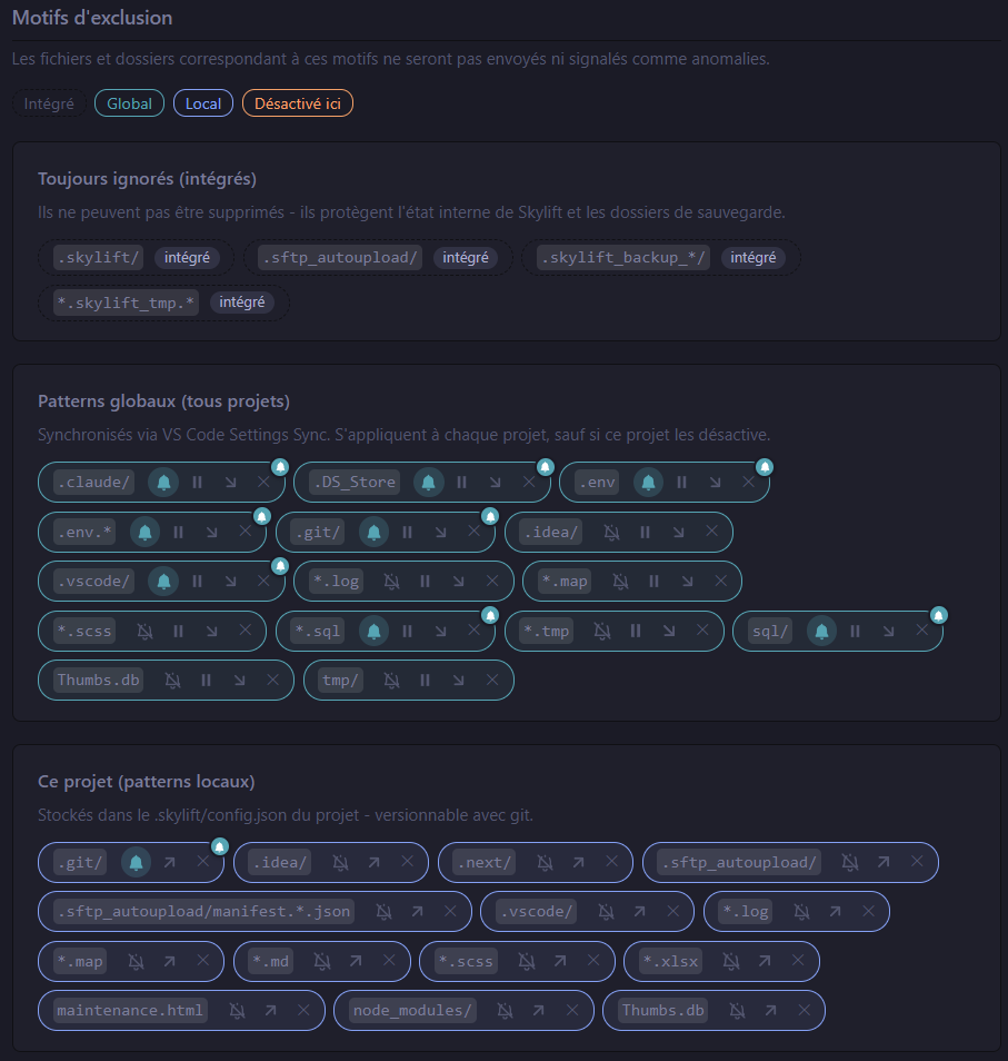 Settings panel: chip-coded ignore patterns (built-in/global/local), iOS-style toggle switches for preferences, language picker, maintenance tools