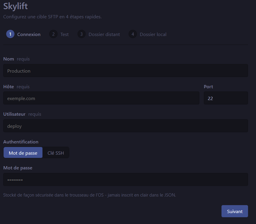 Wizard step 1 — connection form with host, port, username fields