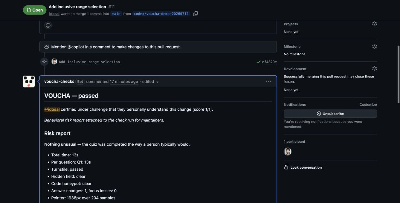 A live VOUCHA comment recording a passed challenge and maintainer risk report