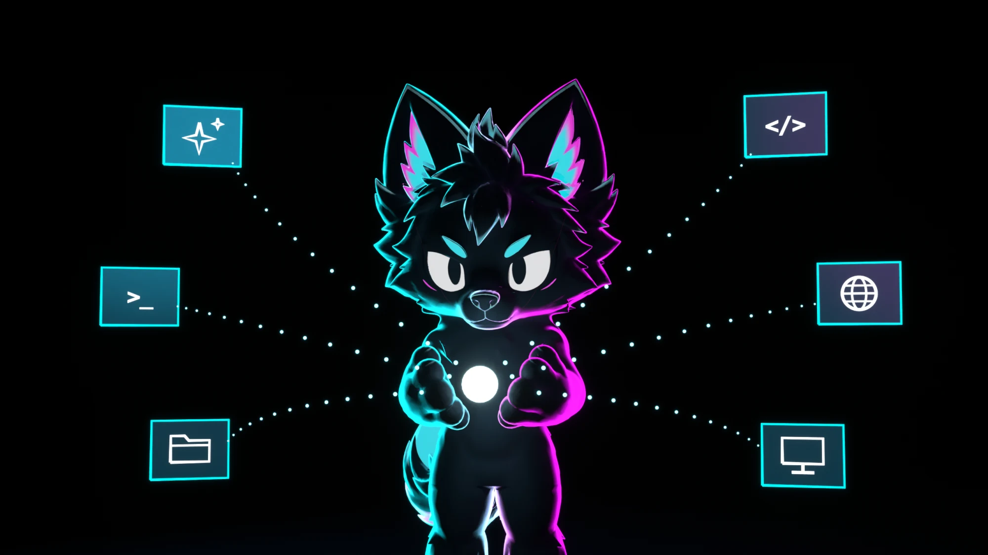 The mascot gathers six services into one glowing orb