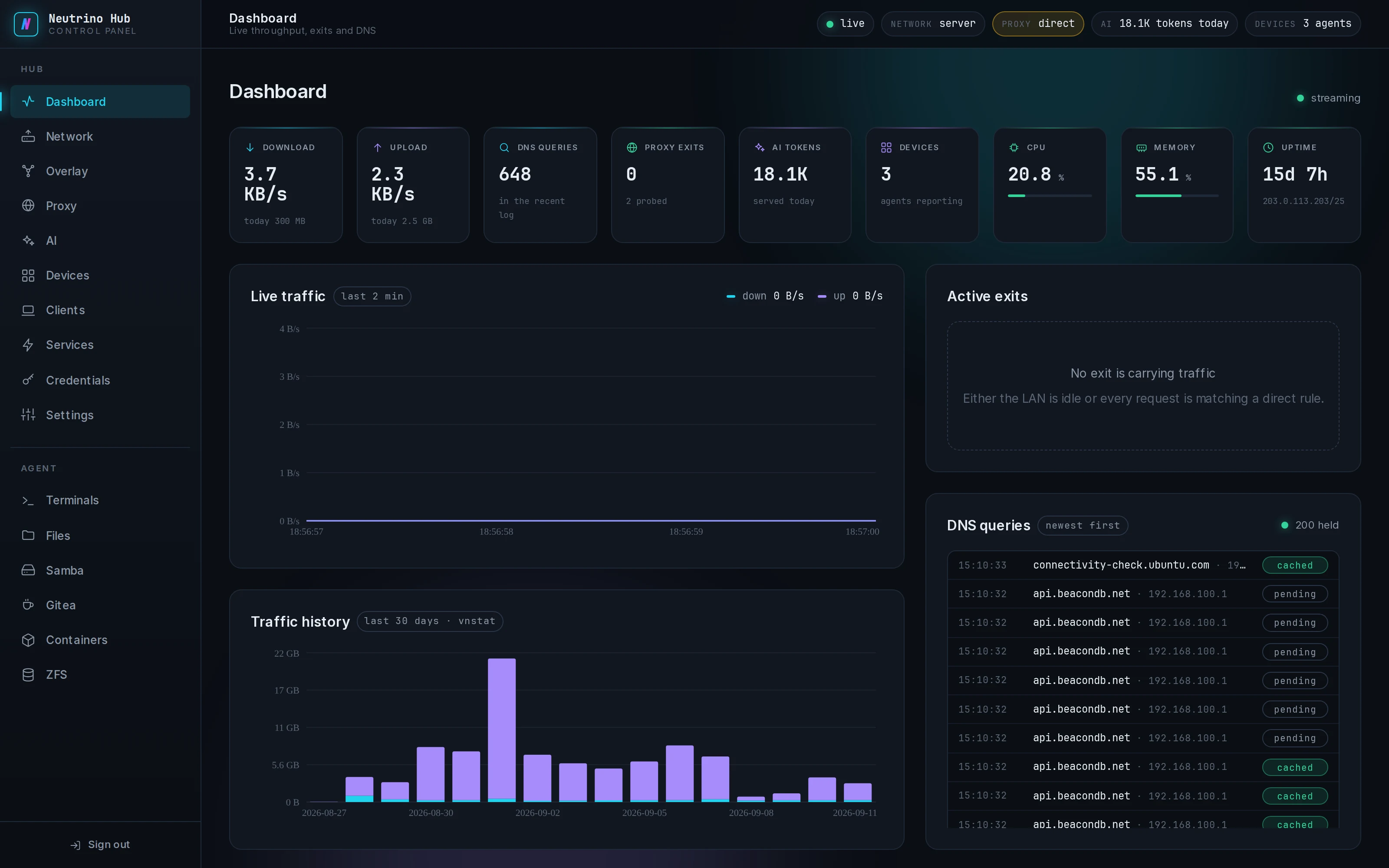 Dashboard with throughput, exits and DNS queries