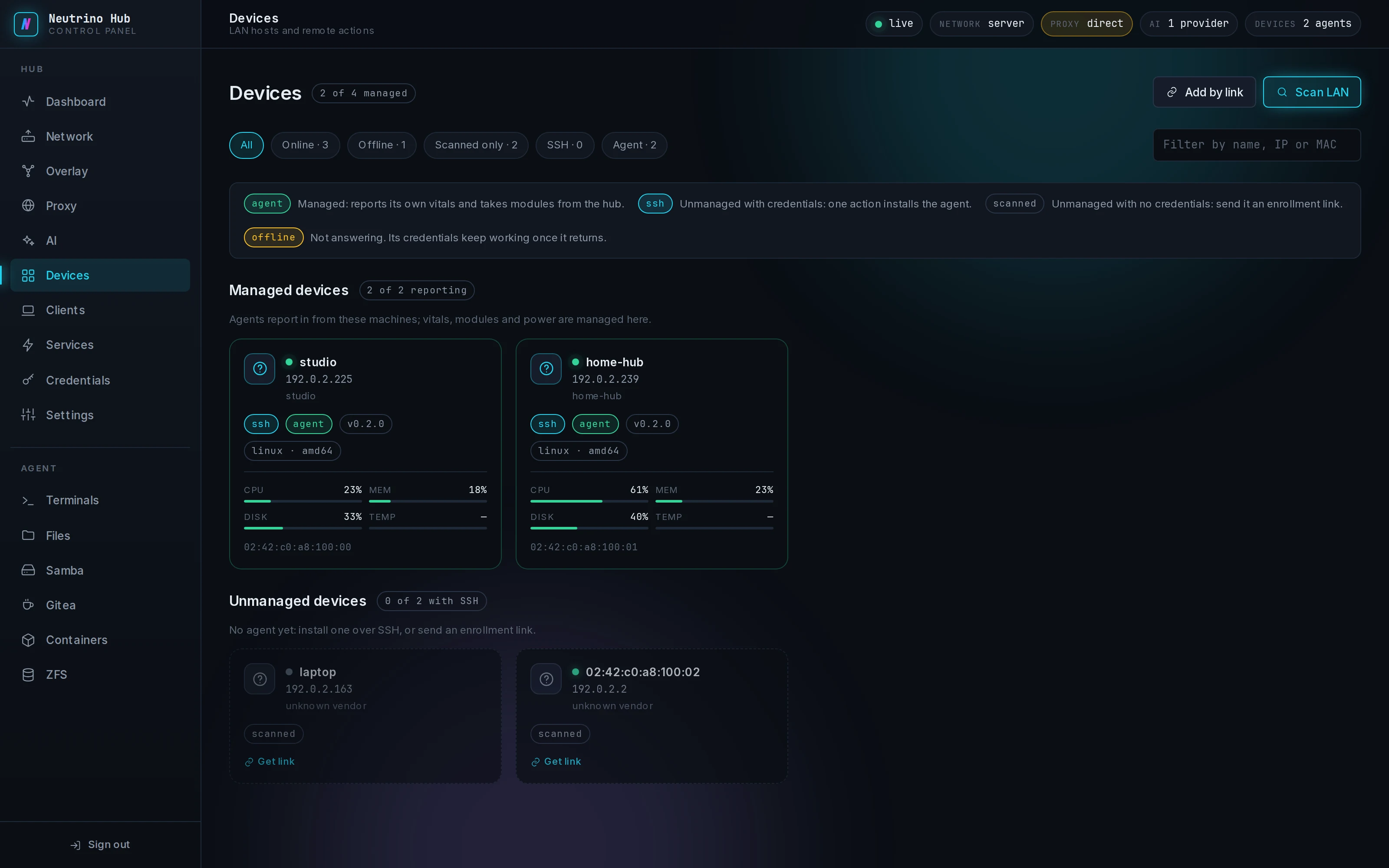 Devices page listing managed and unmanaged machines