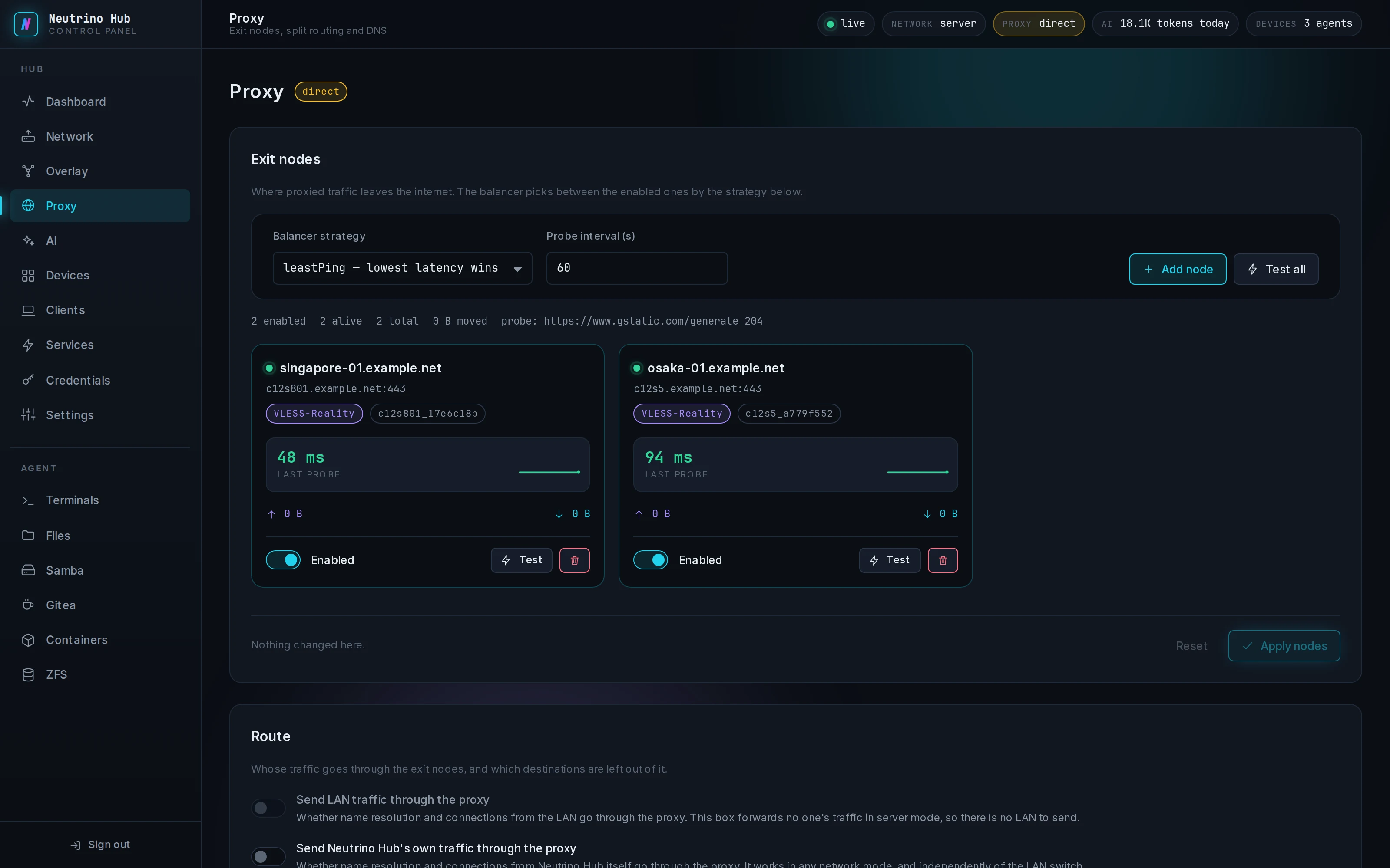 Proxy page with exit nodes and split routing