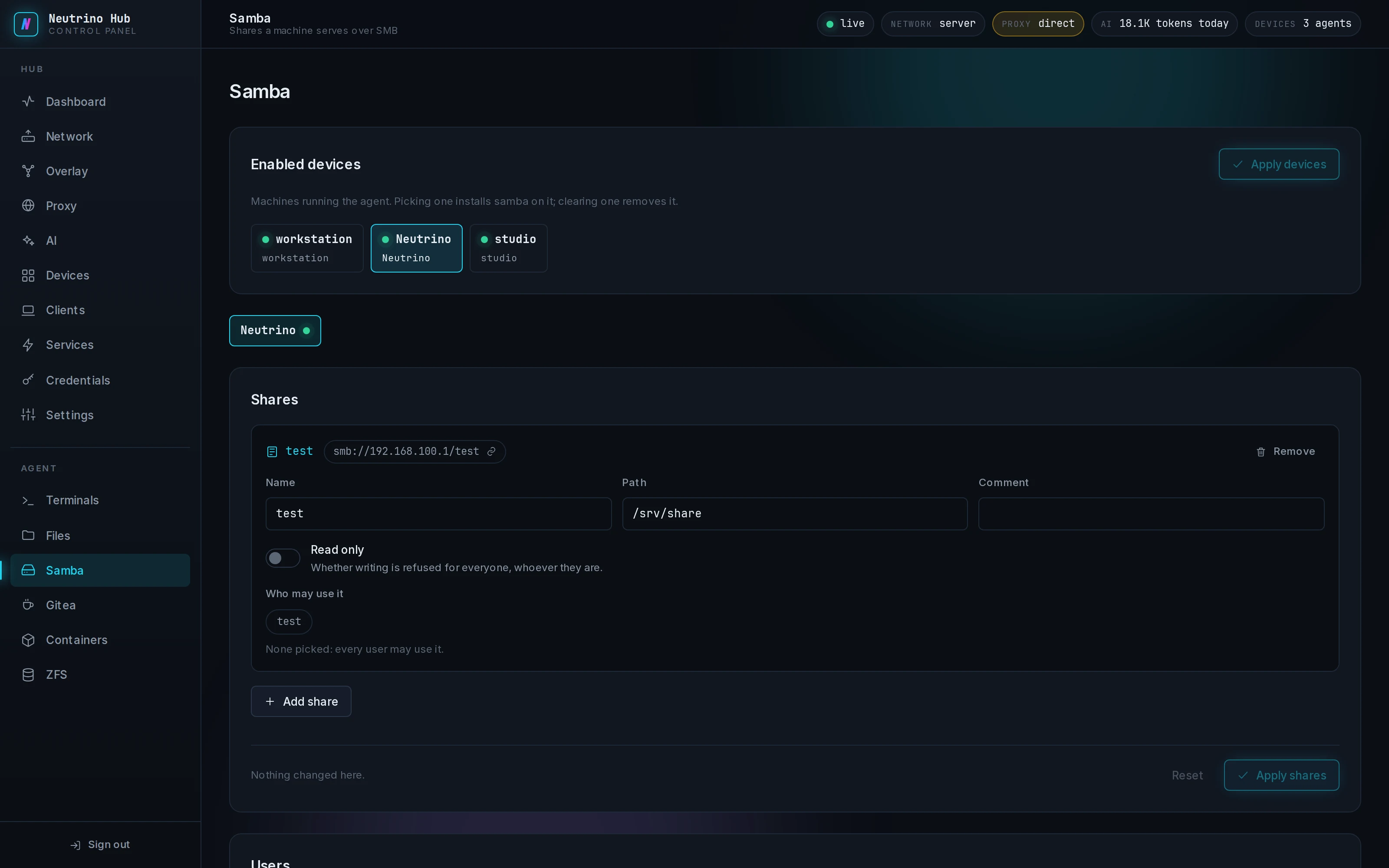 Samba page with shares, users and sessions