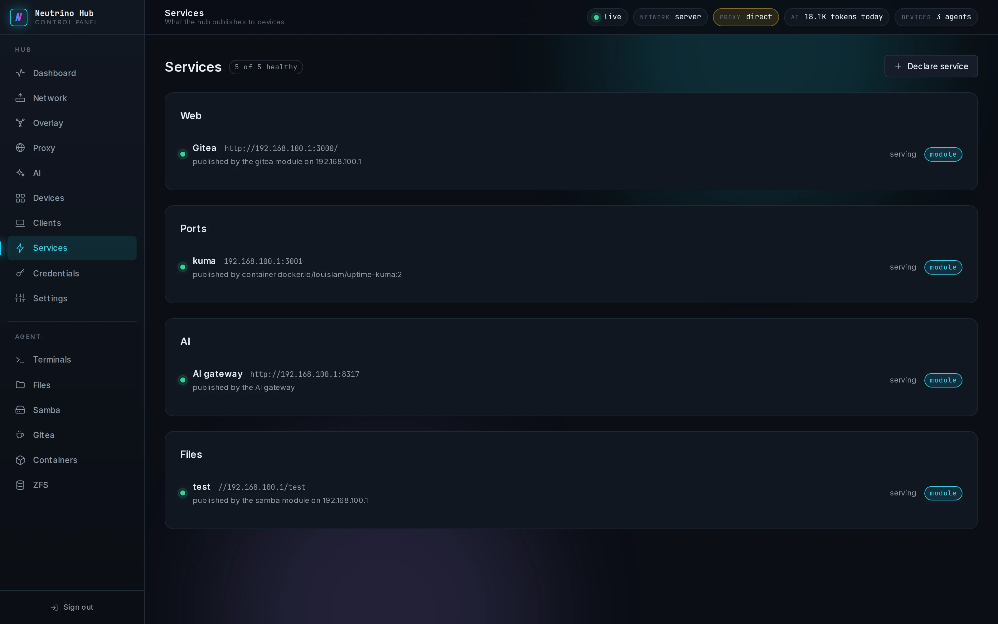 Services page with the web, ports, AI and files groups