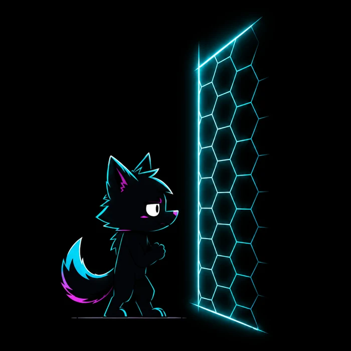 The Neutrino mascot facing a network barrier