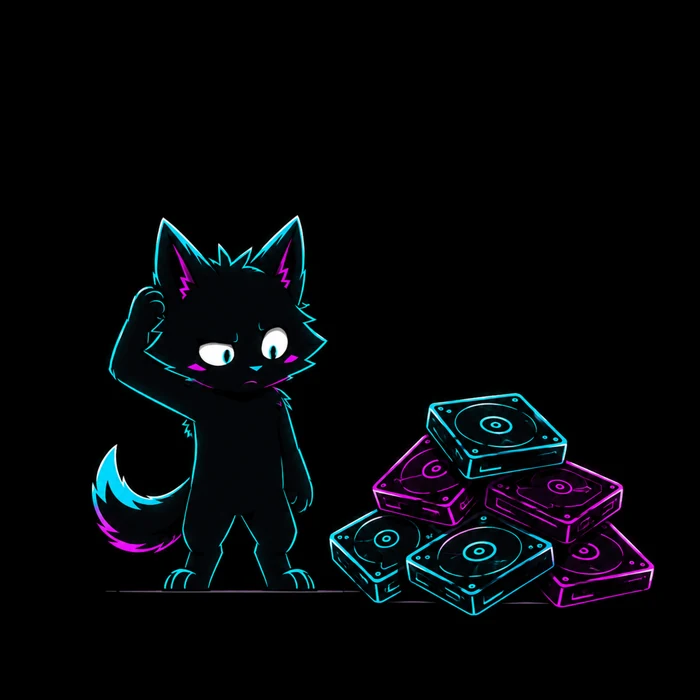The mascot trying to organize a growing collection of hard drives
