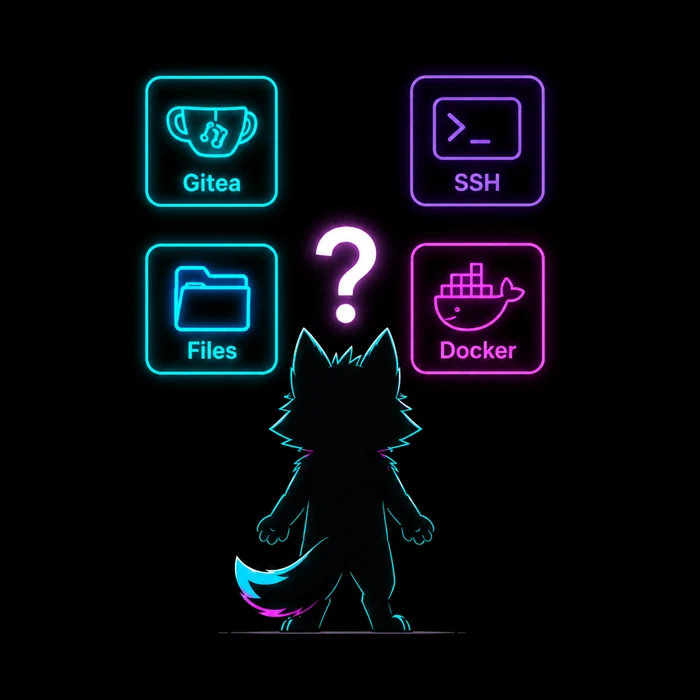 Git, SSH, file and container service icons surrounding the mascot