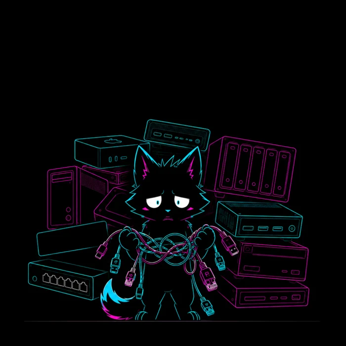 The mascot surrounded by computers and tangled cables