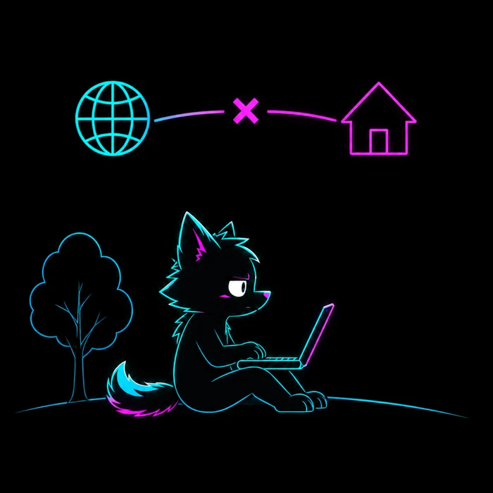 The mascot using a laptop with no connection to its home network