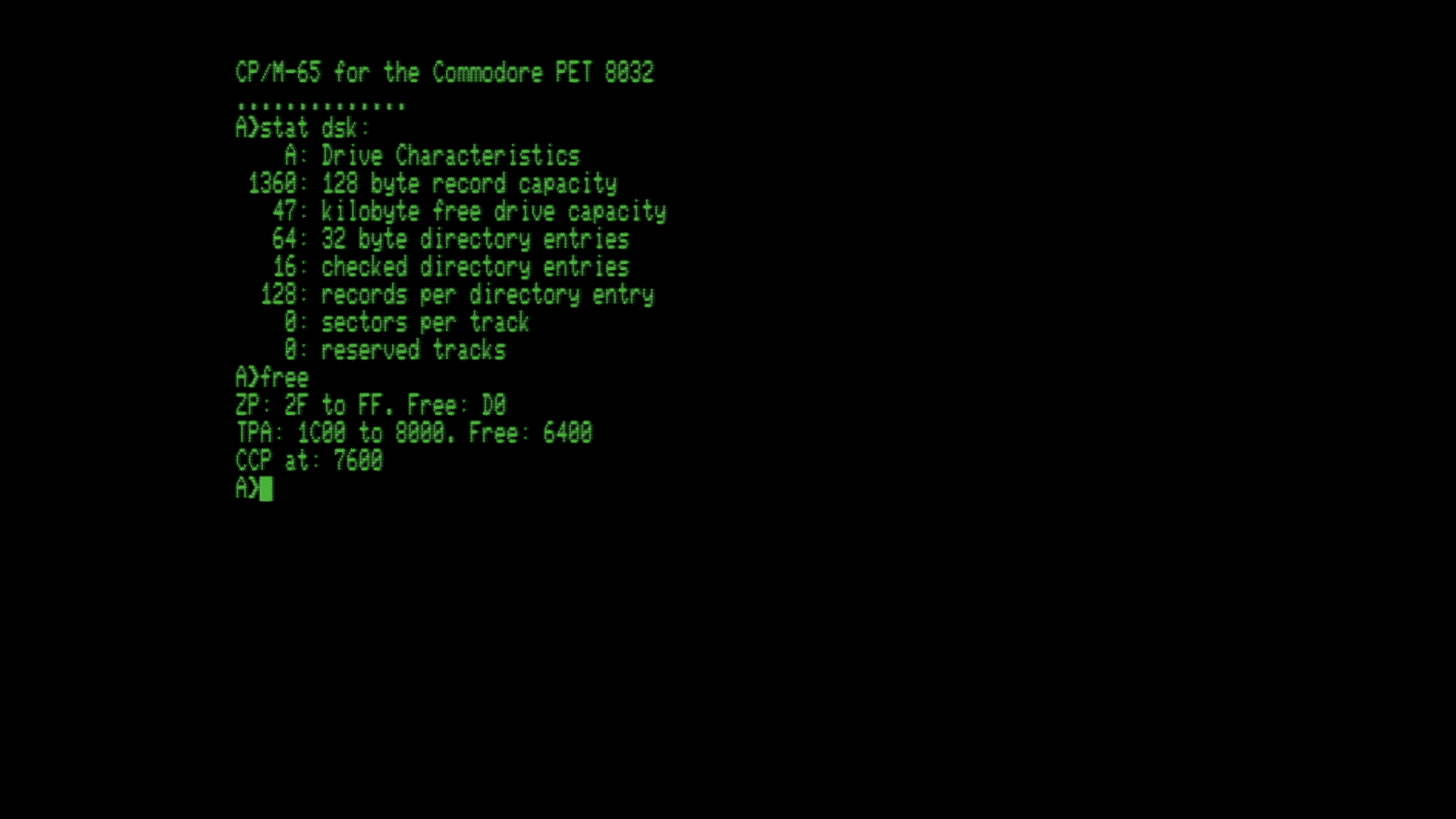 CP/M-65 running on a Commodore PET 8032