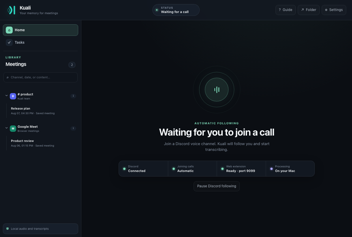 The Kuali desktop app showing its local meeting library and connection status
