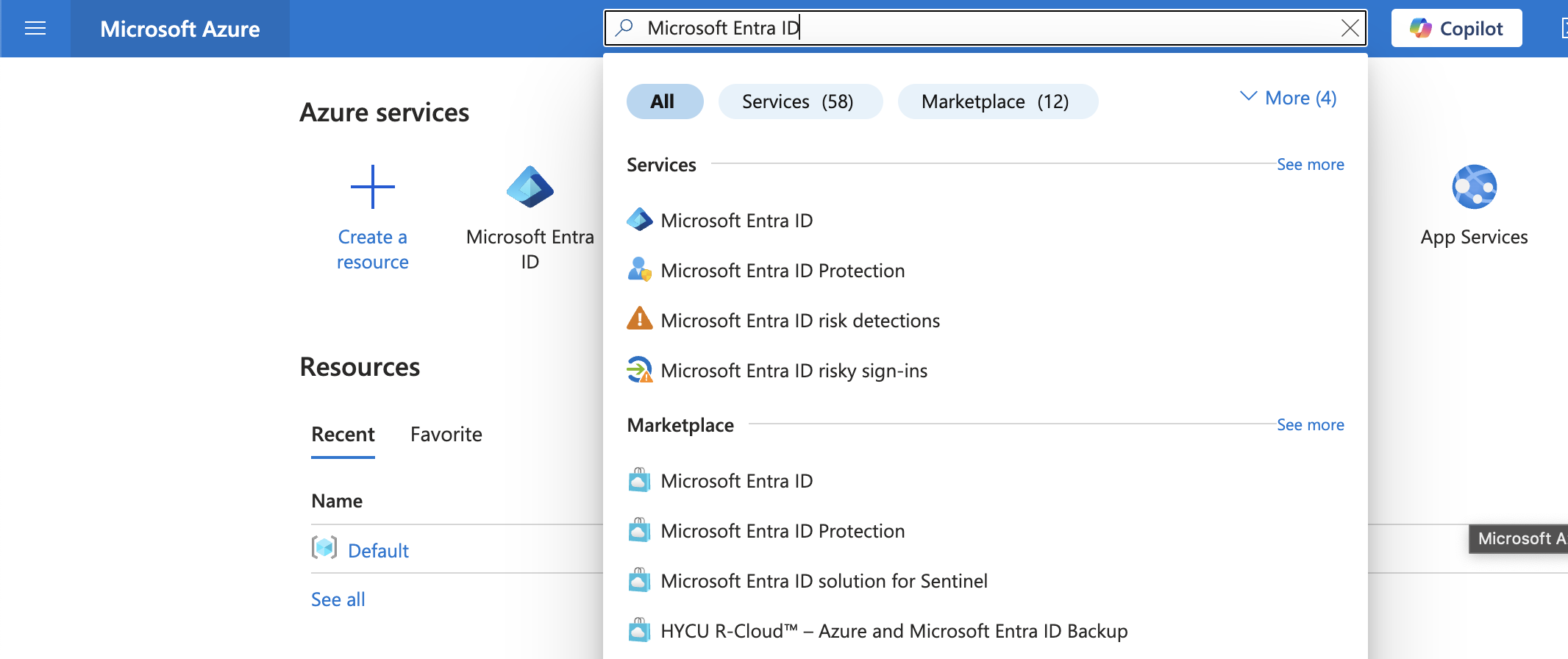 Entra id search in the Azure Portal