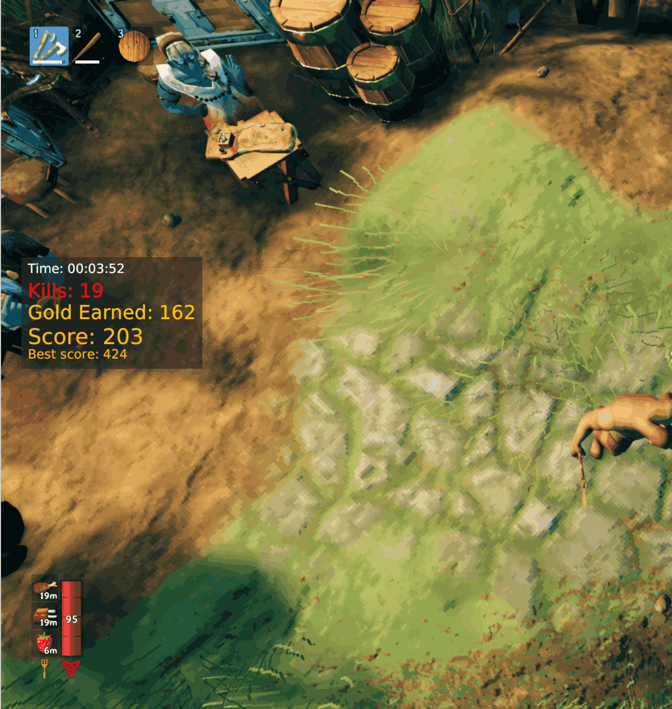 Bizare Score HUD showing elapsed time, kills, gold earned, score and personal best in game