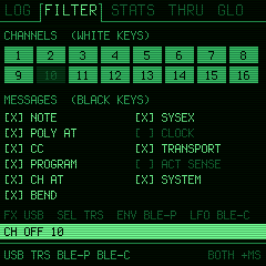 FILTER: channels on the white keys, message types on the black keys