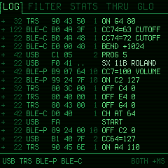 LOG: messages from USB, TRS and both Bluetooth links, in hex and in words