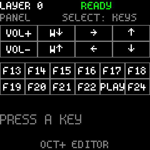 Trireme main screen showing layer 0 and READY above a grid labelled with volume, mouse wheel and arrow actions, then rows of F13 to F24 and PLAY