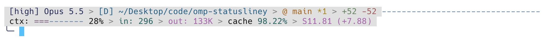 A two-line statusliney bar: model, path, git branch and diff stats on line one; context bar, token counts, cache hit rate and cost on line two