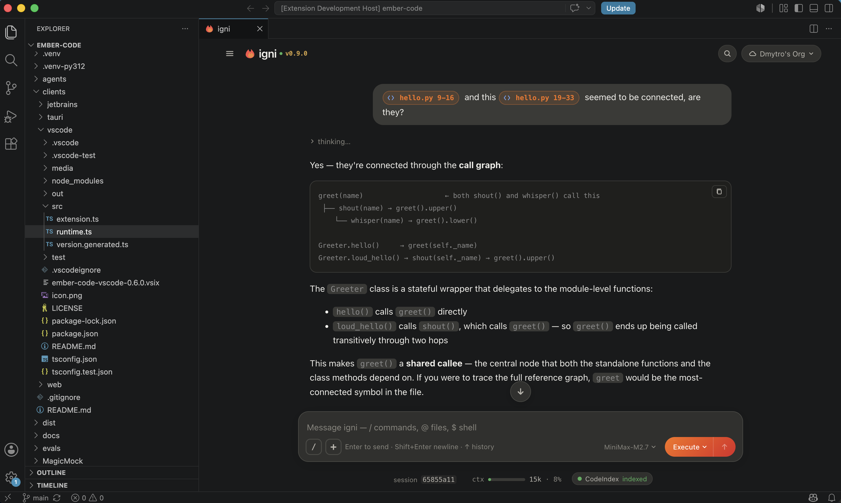 A streamed response with a call graph and code references
