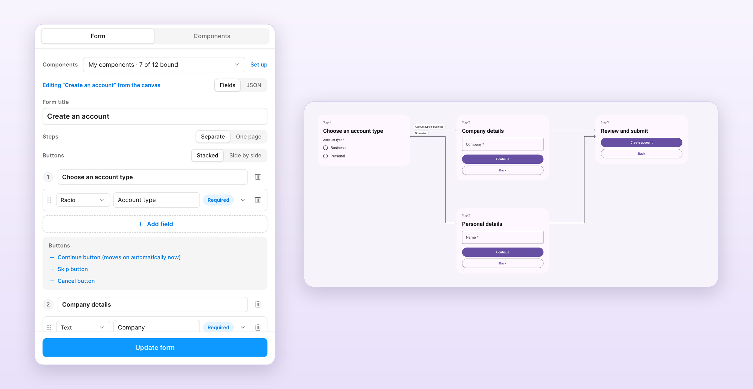 The Formhaus plugin editing a branching form next to its flow map